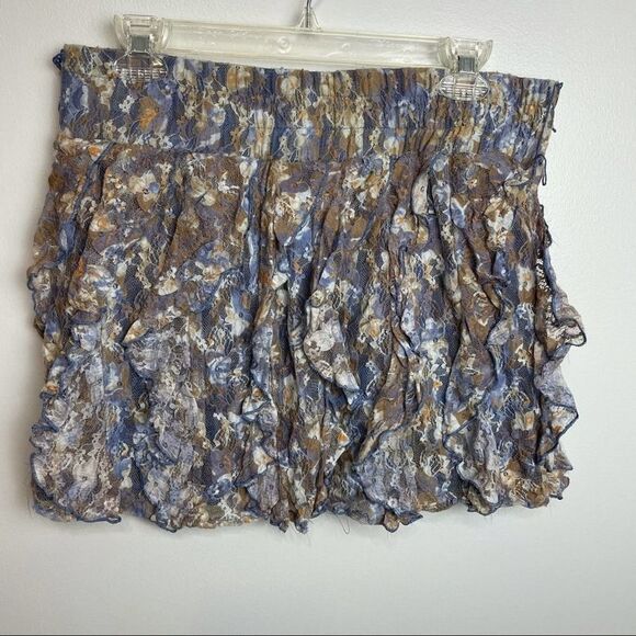 Rue 21 Floral Lace Mini Skirt Purple Beige White Stretchy Ruffles Layers size XL - Picture 8 of 8